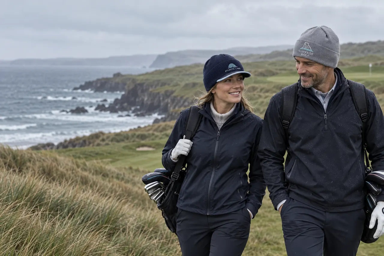 Golfers wearing club-branded merino beanies on a coastal links — AI branding concept